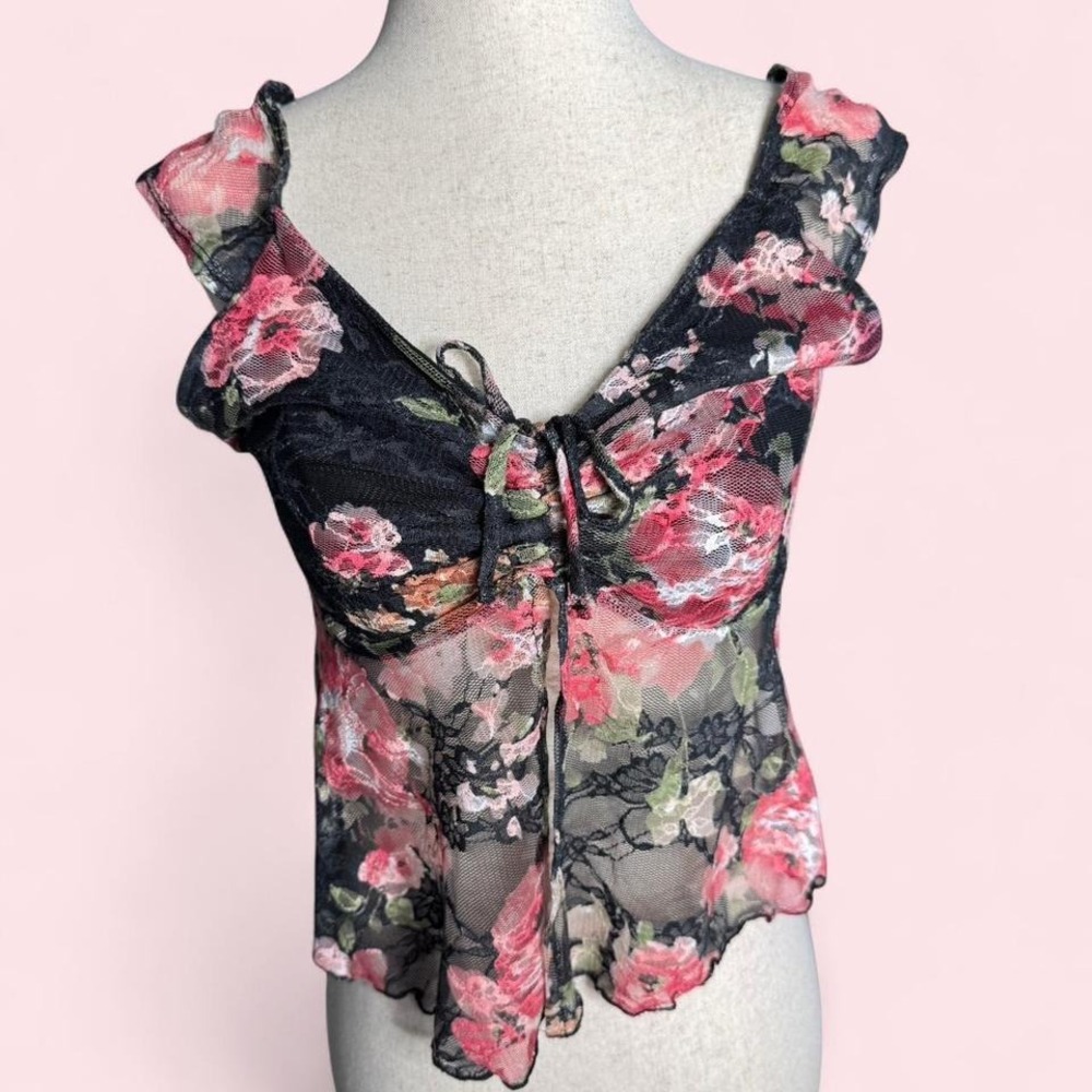 y2k fairy romantic coquette mesh sheer floral top‎ size med (small)